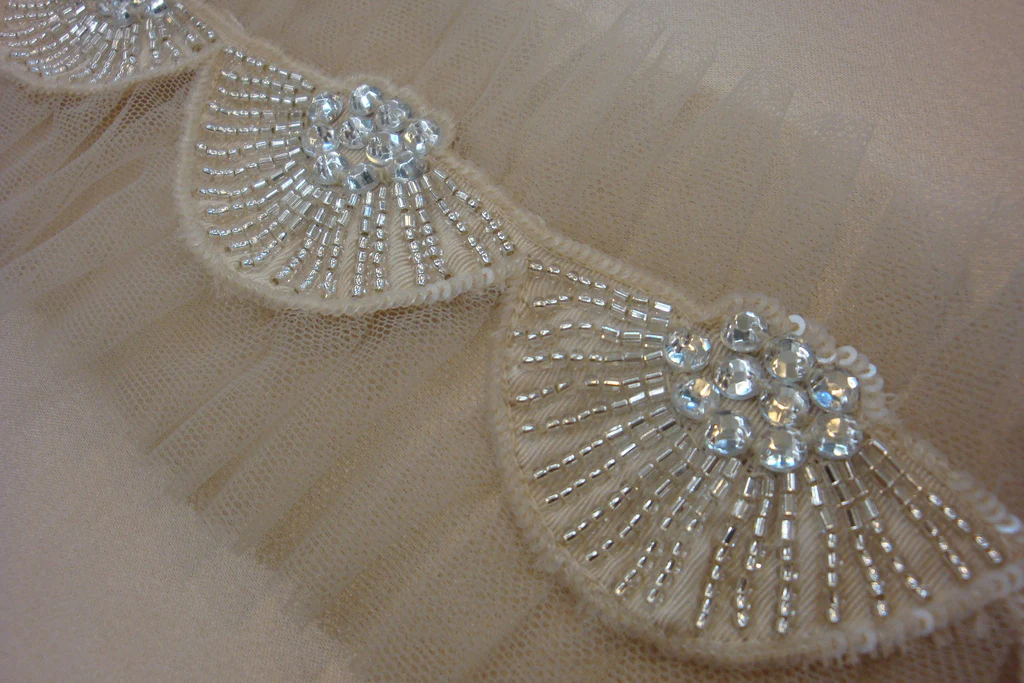 Art Deco Beaded Tulle - Mink Pebble