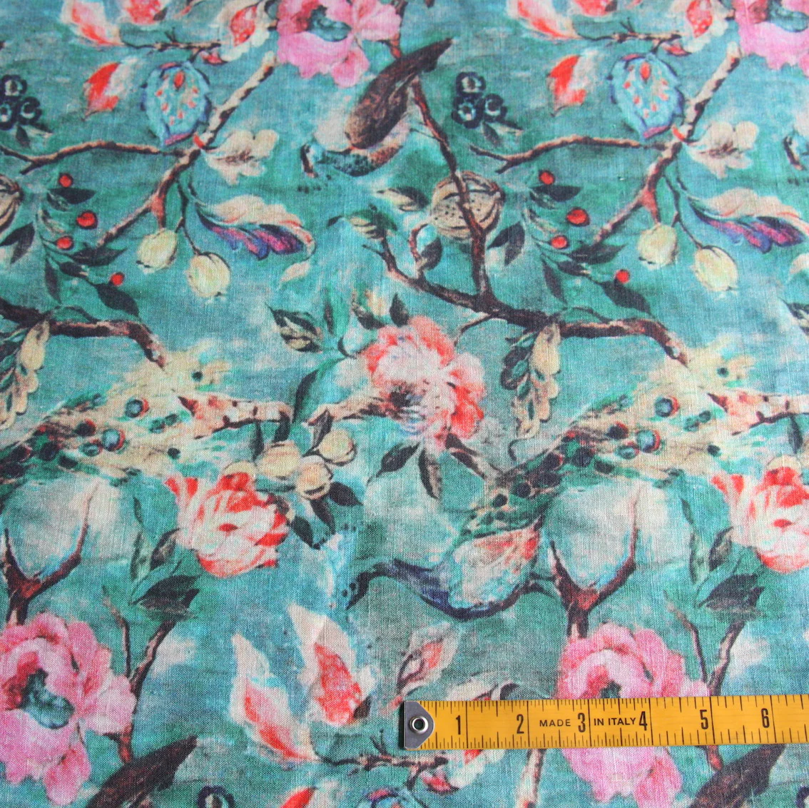 Vintage Peacock Washed Printed Linen - Image 3